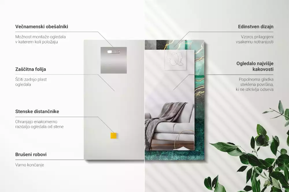 Oglindă dreptunghiulară cu model decorativ abstract verde
