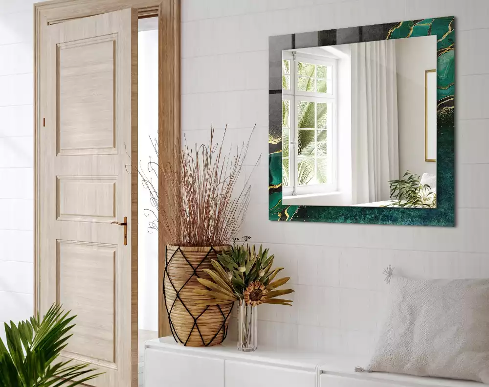 Oglindă dreptunghiulară cu model decorativ abstract verde
