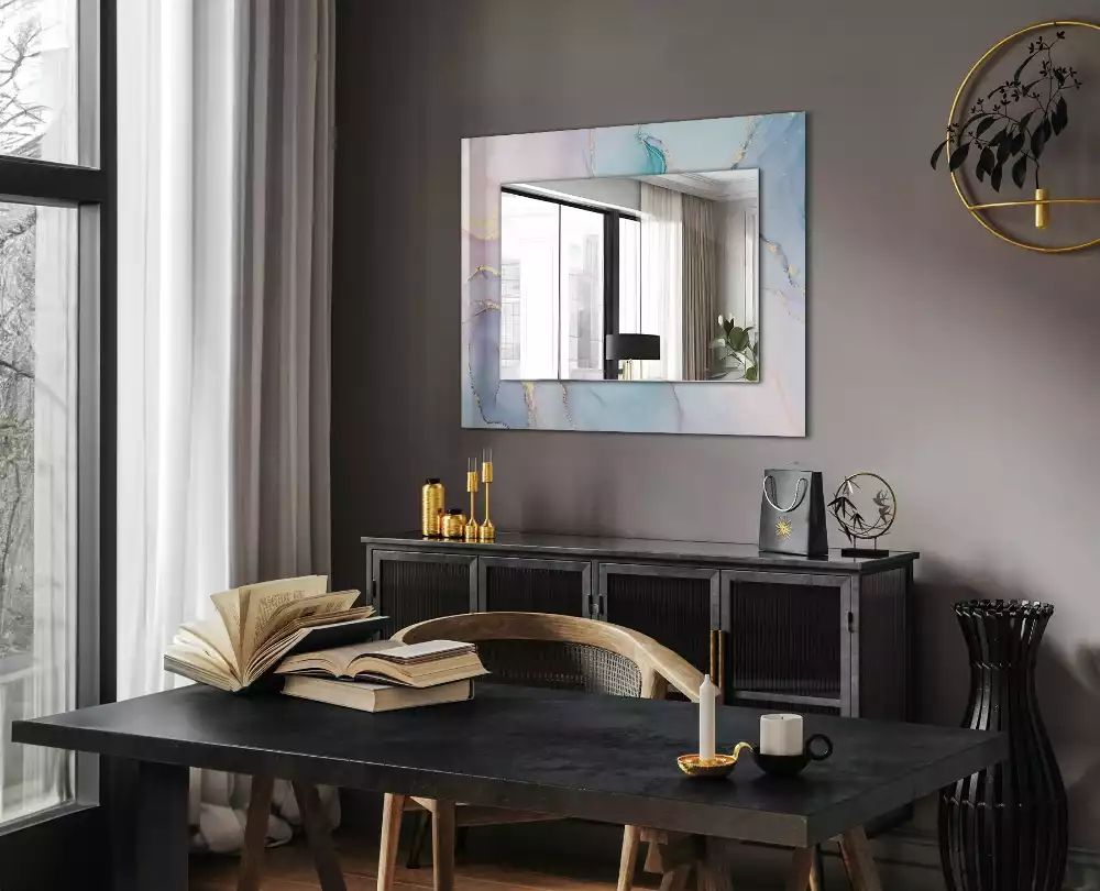 Oglindă decorativă de perete dreptunghiulară cu imprimeu abstract tip acuarelă