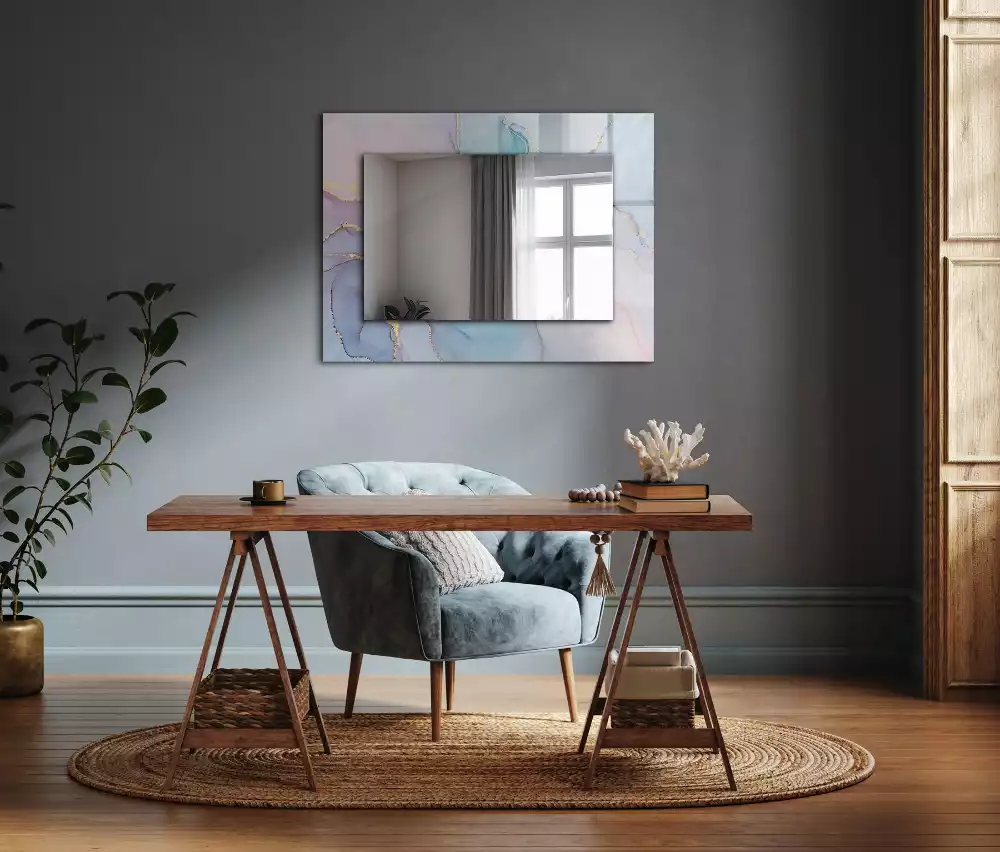 Oglindă decorativă de perete dreptunghiulară cu imprimeu abstract tip acuarelă