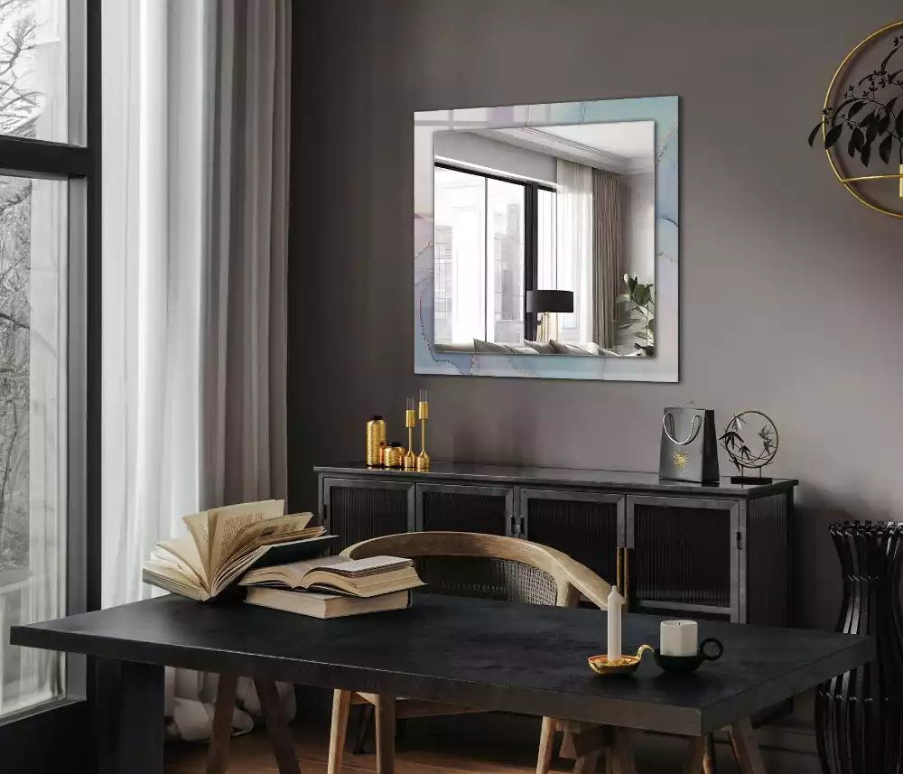 Oglindă decorativă de perete dreptunghiulară cu imprimeu abstract tip acuarelă