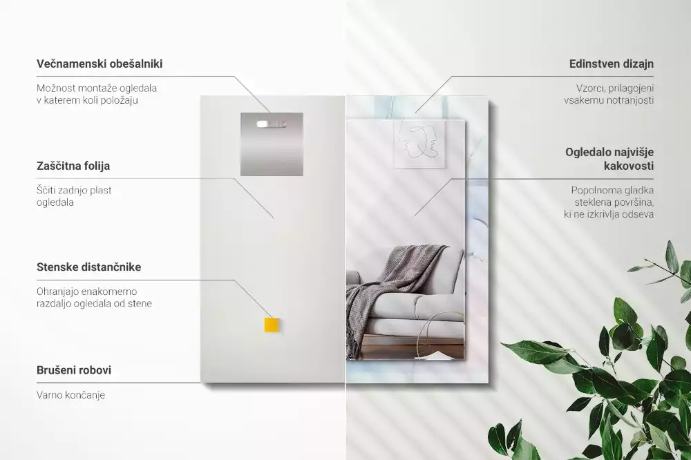 Oglindă decorativă de perete dreptunghiulară cu imprimeu abstract tip acuarelă