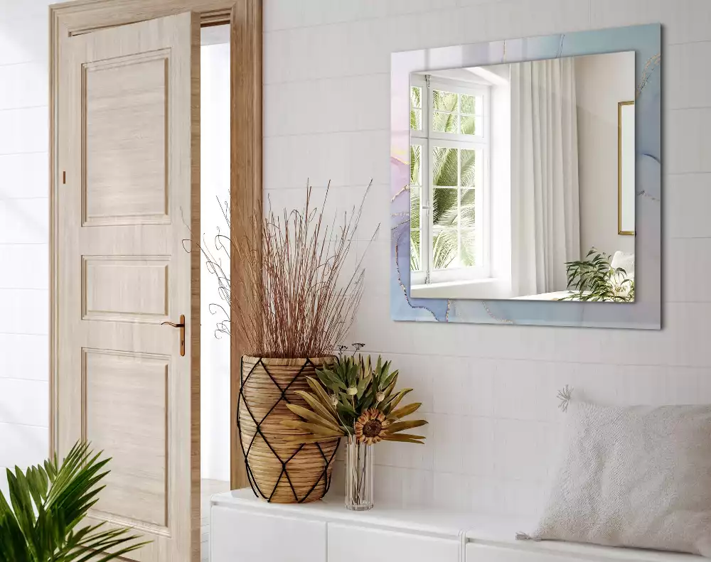 Oglindă decorativă de perete dreptunghiulară cu imprimeu abstract tip acuarelă