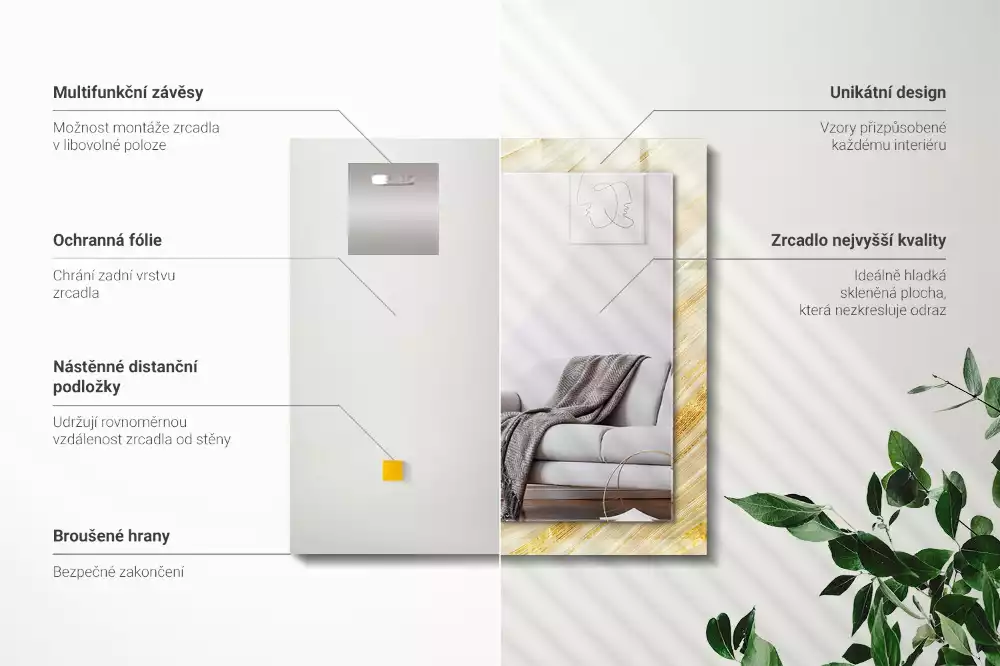 Oglindă dreptunghiulară cu decor cu linii abstracte galbene