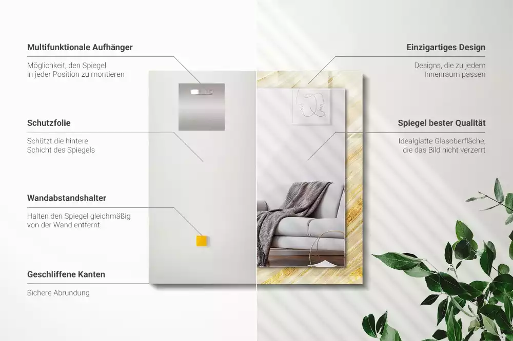Oglindă dreptunghiulară cu decor cu linii abstracte galbene