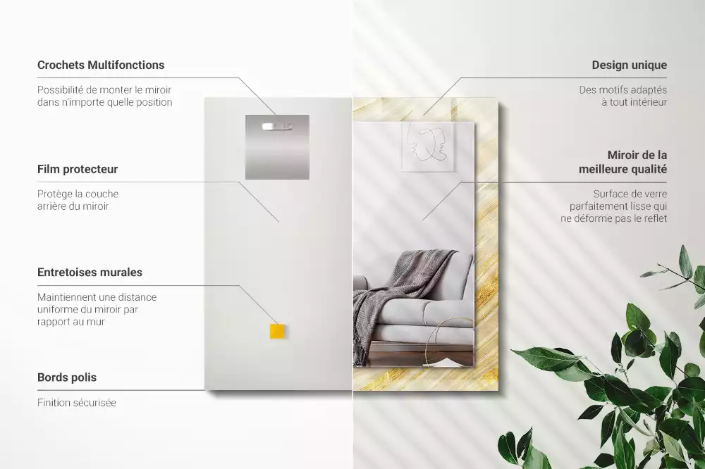Oglindă dreptunghiulară cu decor cu linii abstracte galbene
