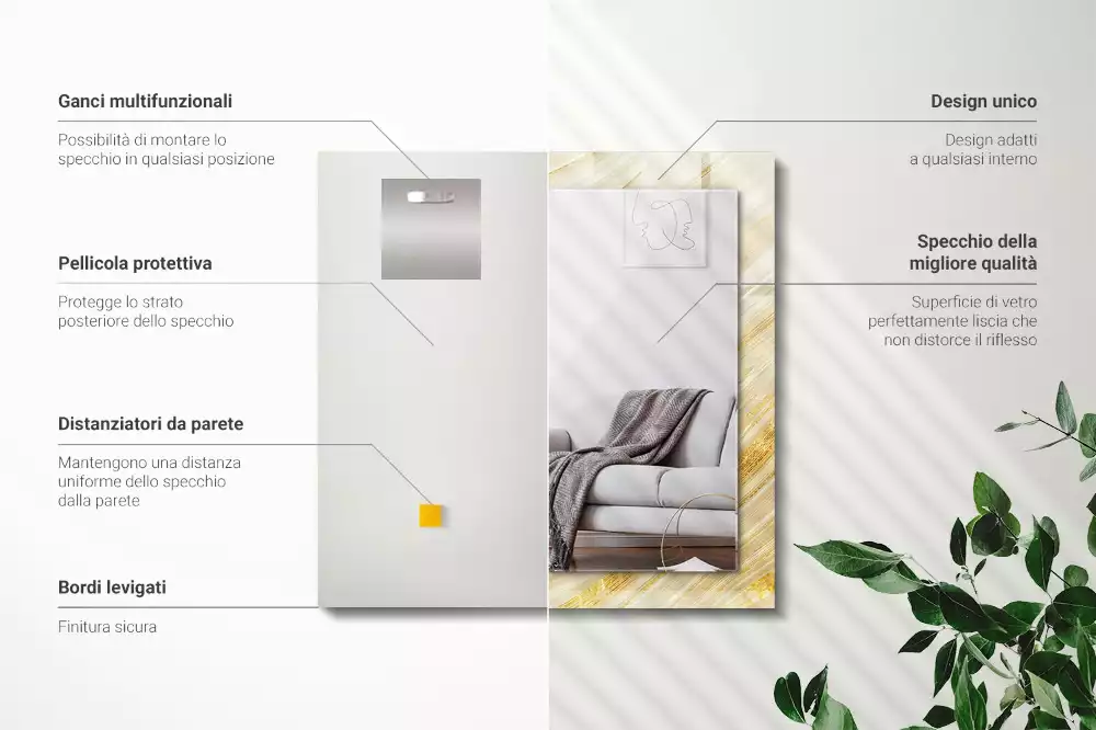 Oglindă dreptunghiulară cu decor cu linii abstracte galbene
