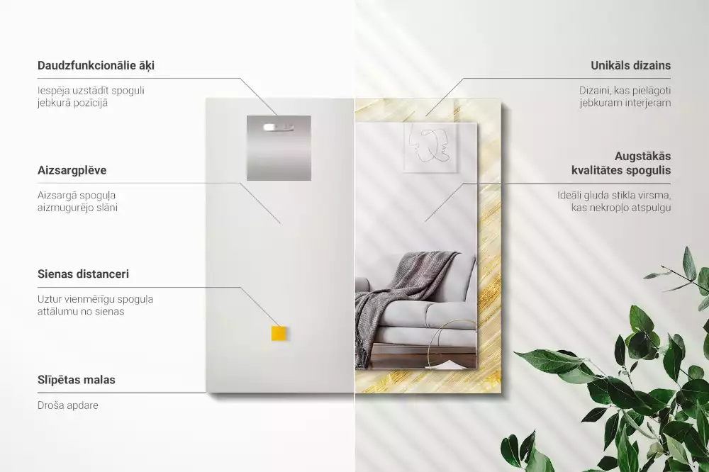 Oglindă dreptunghiulară cu decor cu linii abstracte galbene