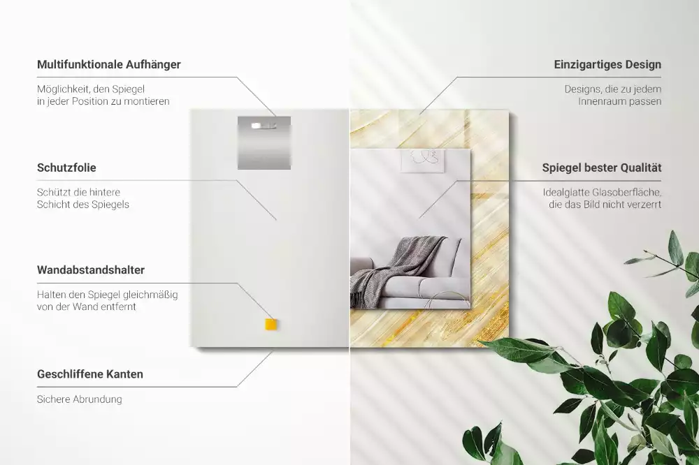 Oglindă dreptunghiulară cu decor cu linii abstracte galbene