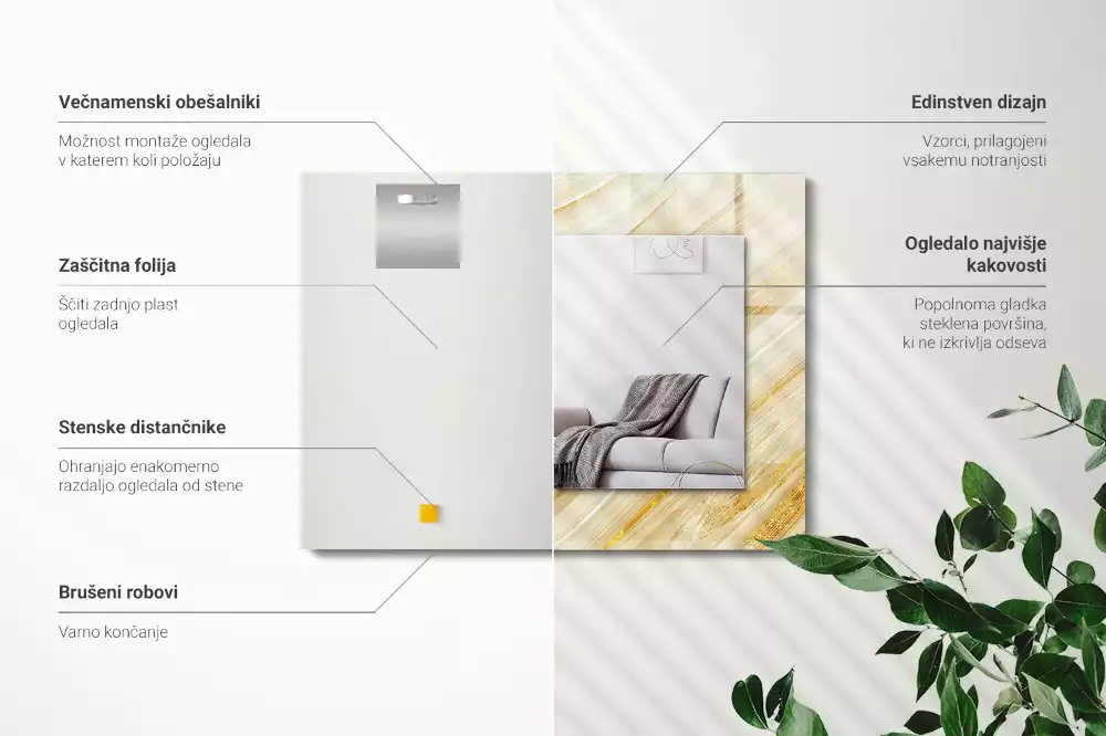 Oglindă dreptunghiulară cu decor cu linii abstracte galbene