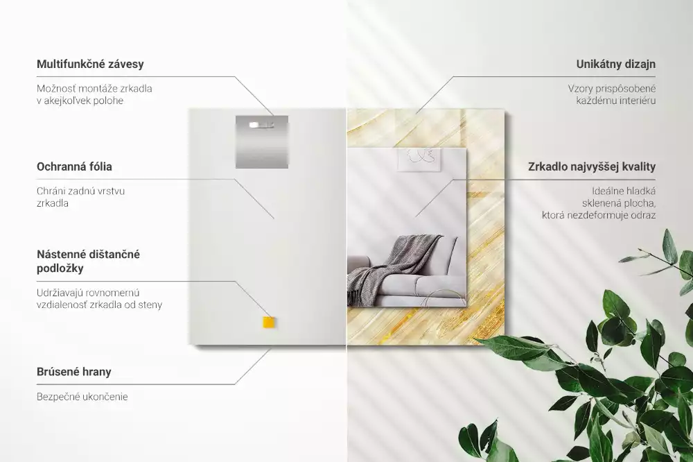 Oglindă dreptunghiulară cu decor cu linii abstracte galbene