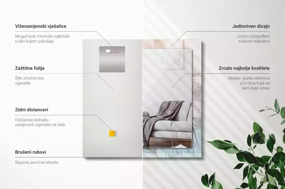 Oglindă dreptunghiulară cu imprimeu cu plante în nuanțe pastelate