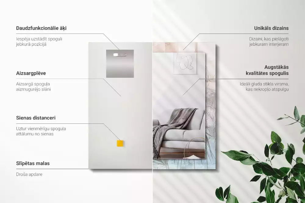 Oglindă dreptunghiulară cu imprimeu cu plante în nuanțe pastelate