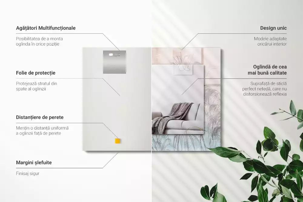 Oglindă dreptunghiulară cu imprimeu cu plante în nuanțe pastelate