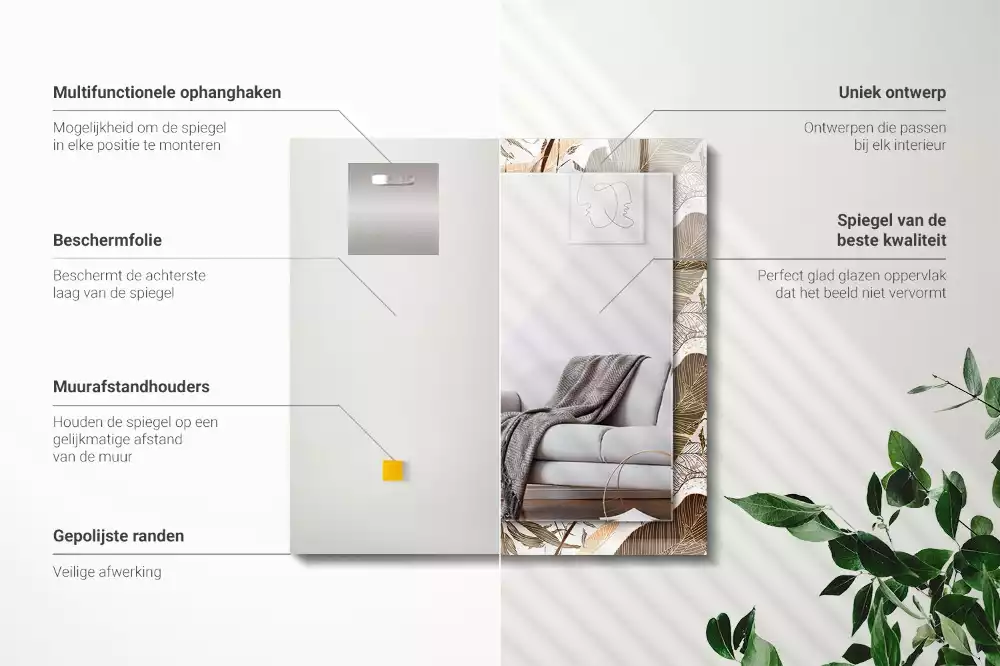 Oglindă dreptunghiulară cu ramă imprimată cu model tropical de frunze