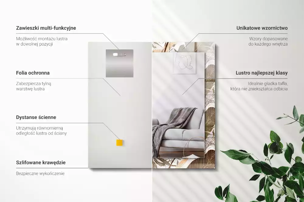 Oglindă dreptunghiulară cu ramă imprimată cu model tropical de frunze