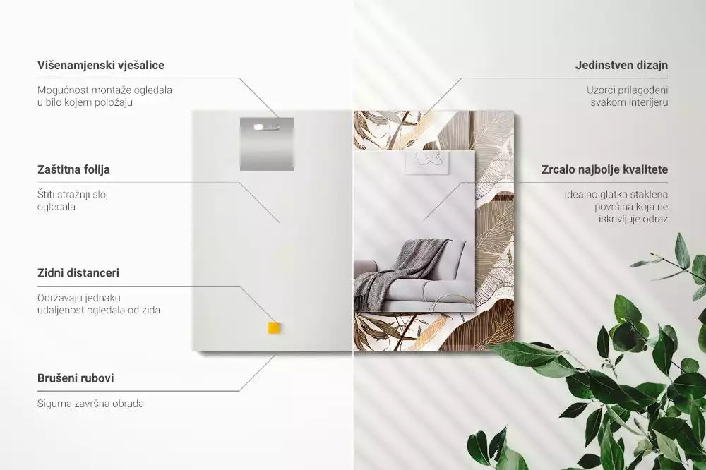 Oglindă dreptunghiulară cu ramă imprimată cu model tropical de frunze