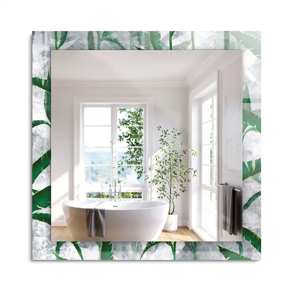 Oglindă decorativă de perete dreptunghiulară cu model frunze verzi