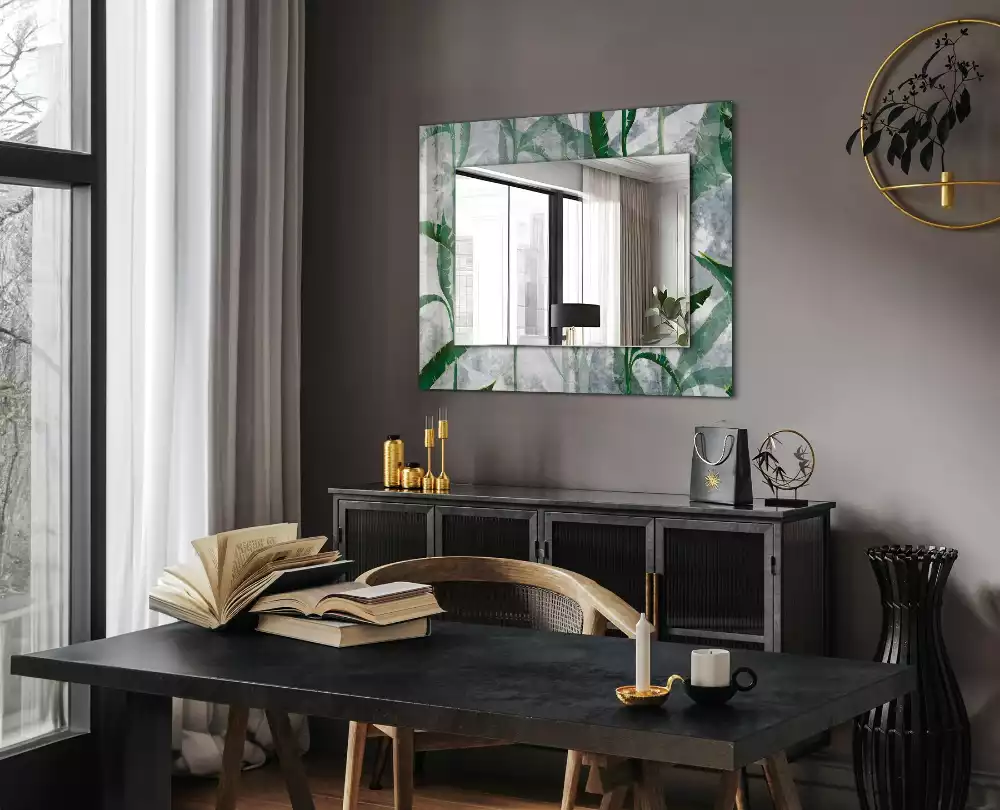 Oglindă decorativă de perete dreptunghiulară cu model frunze verzi