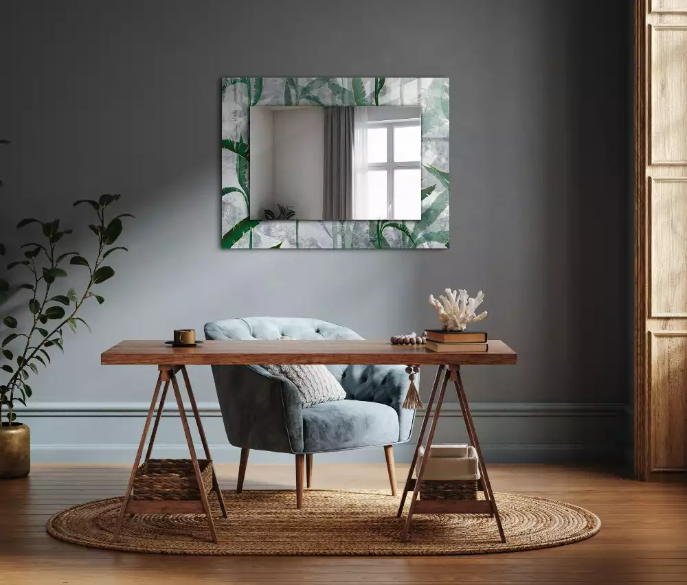 Oglindă decorativă de perete dreptunghiulară cu model frunze verzi