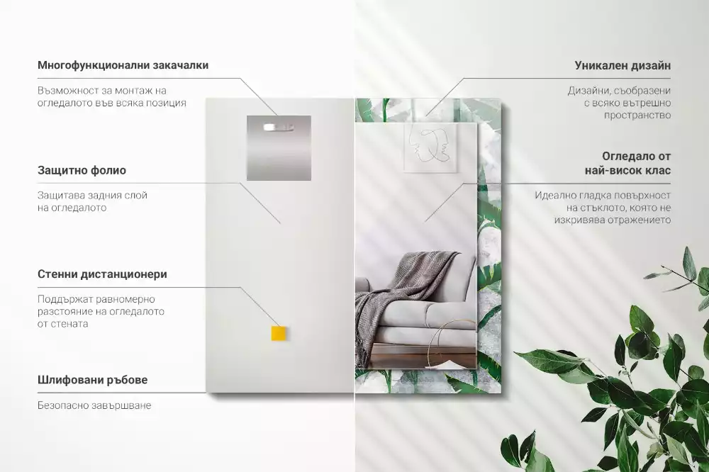 Oglindă decorativă de perete dreptunghiulară cu model frunze verzi
