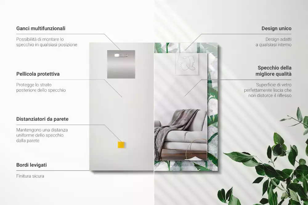 Oglindă decorativă de perete dreptunghiulară cu model frunze verzi