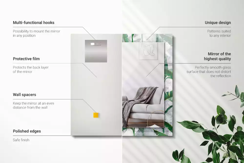 Oglindă decorativă de perete dreptunghiulară cu model frunze verzi