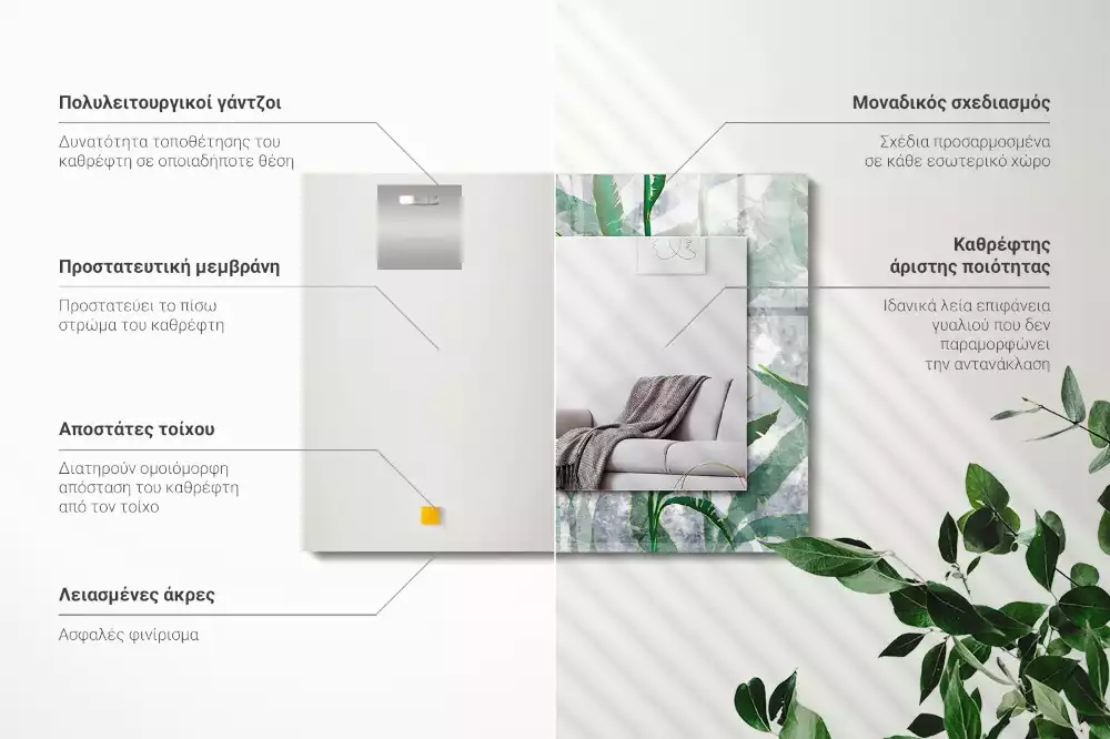 Oglindă decorativă de perete dreptunghiulară cu model frunze verzi