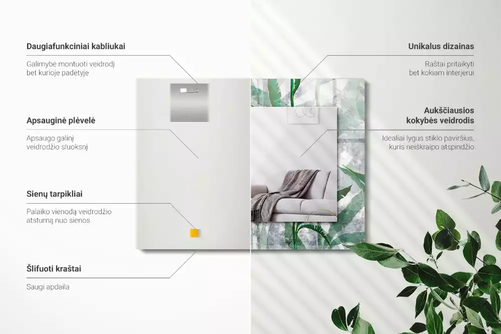 Oglindă decorativă de perete dreptunghiulară cu model frunze verzi