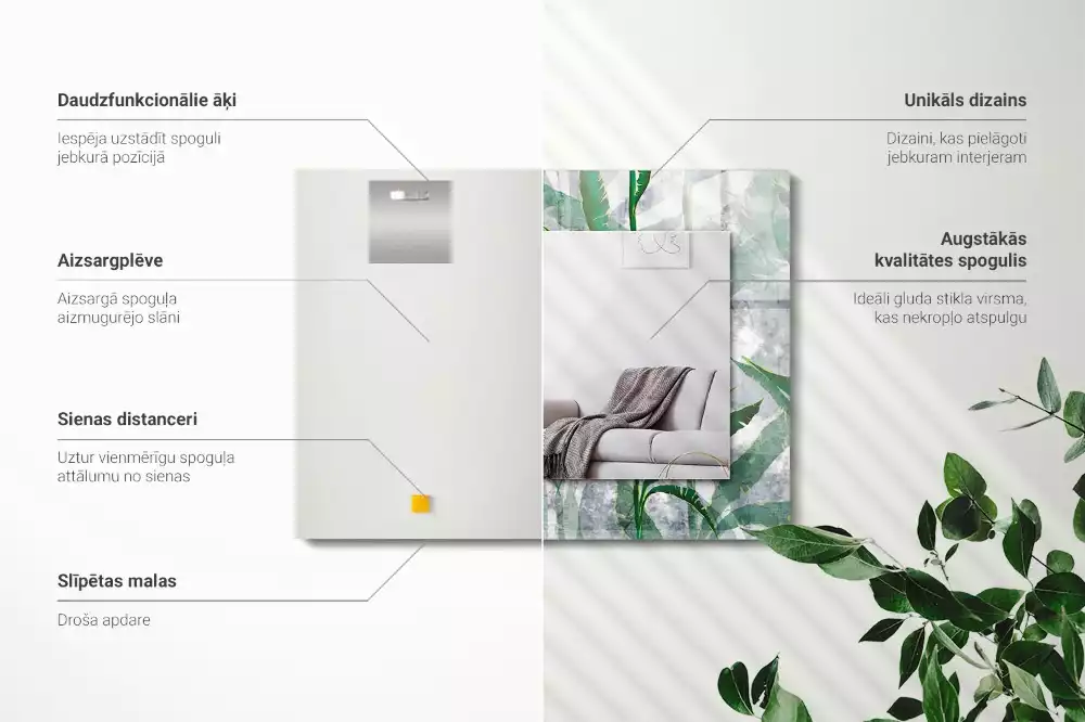 Oglindă decorativă de perete dreptunghiulară cu model frunze verzi