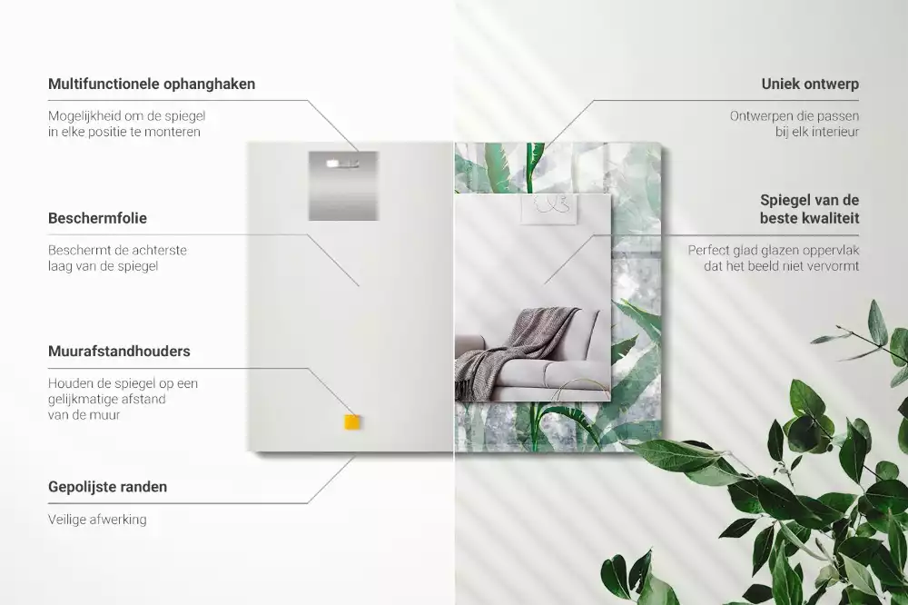 Oglindă decorativă de perete dreptunghiulară cu model frunze verzi