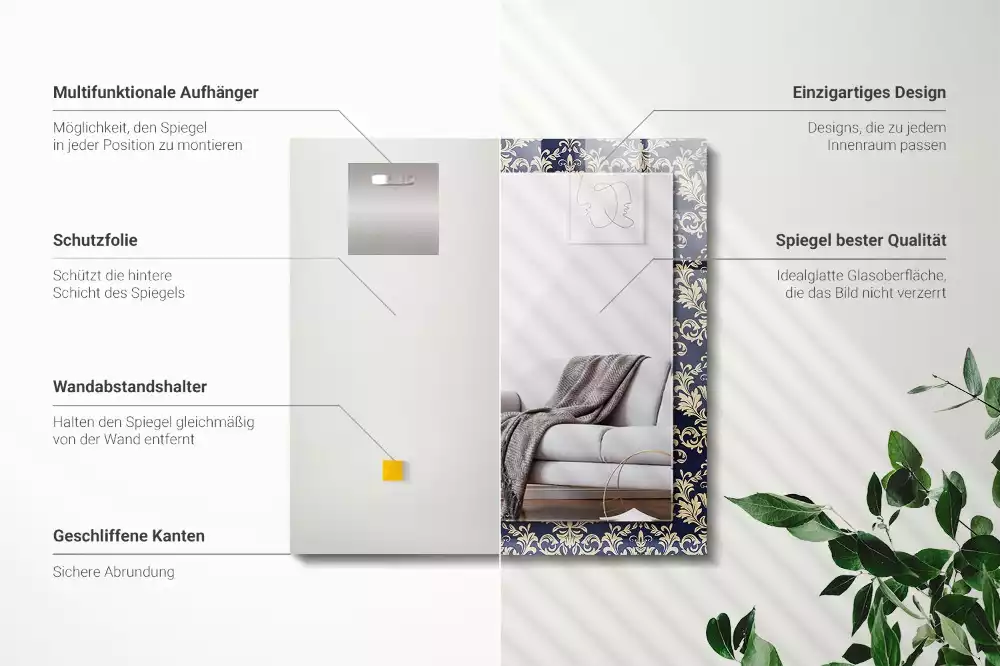 Oglindă dreptunghiulară cu imprimeu model tapet victorian