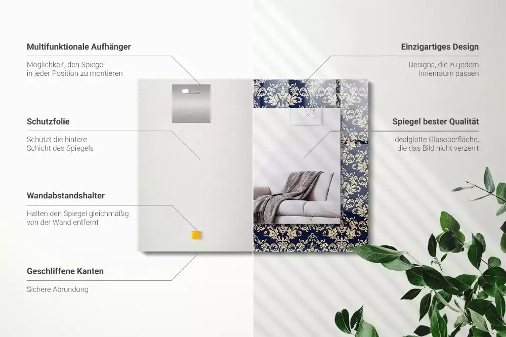 Oglindă dreptunghiulară cu imprimeu model tapet victorian