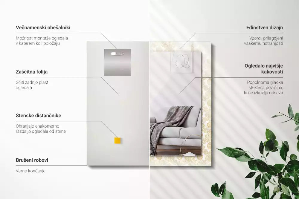Oglindă dreptunghiulară cu ramă ornamentată galbenă