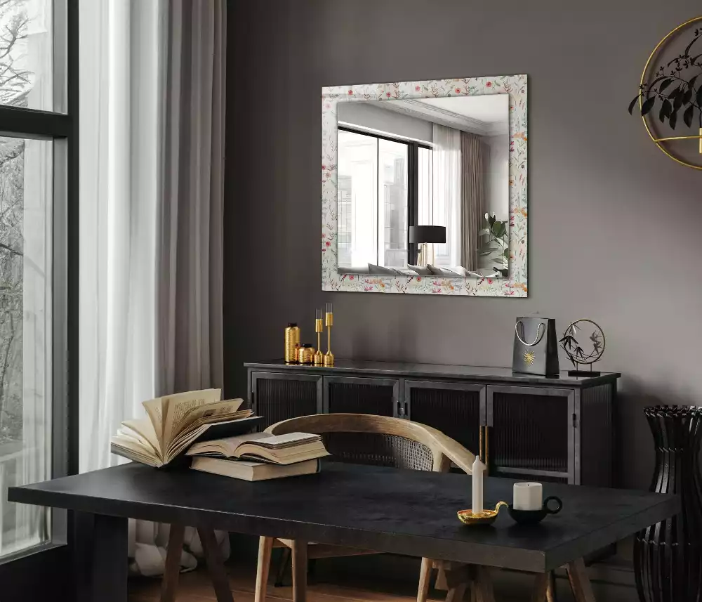 Oglindă dreptunghiulară cu decor floral în acuarelă