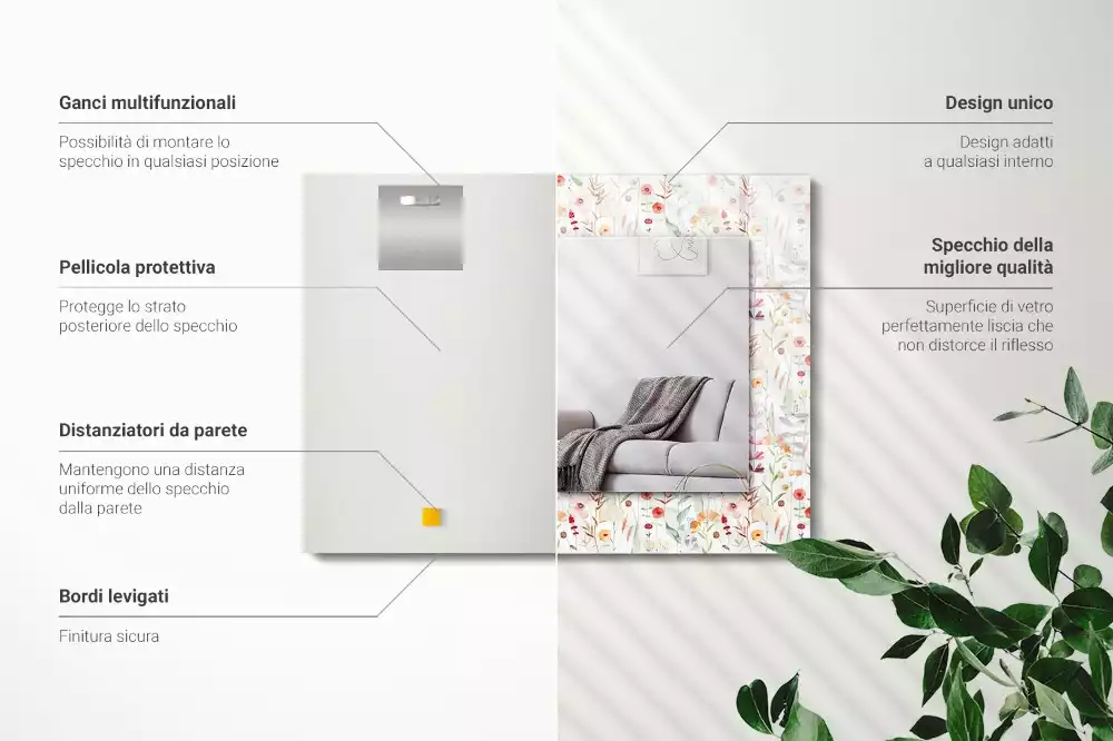 Oglindă dreptunghiulară cu decor floral în acuarelă