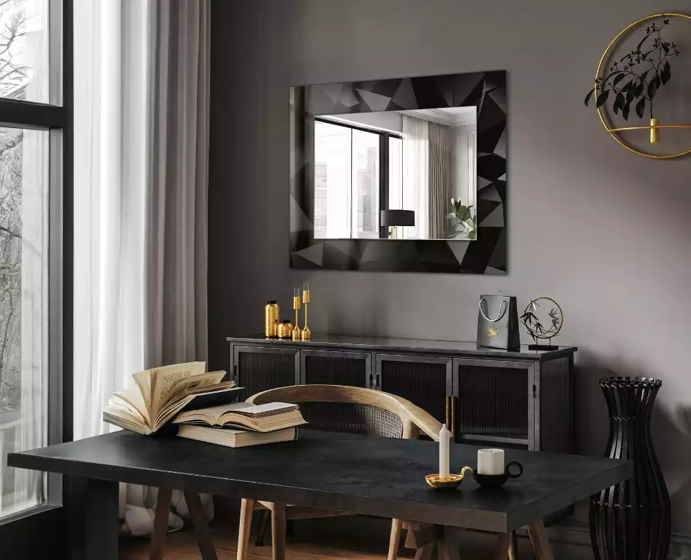 Oglindă dreptunghiulară cu ramă și imprimeu cu forme geometrice negre