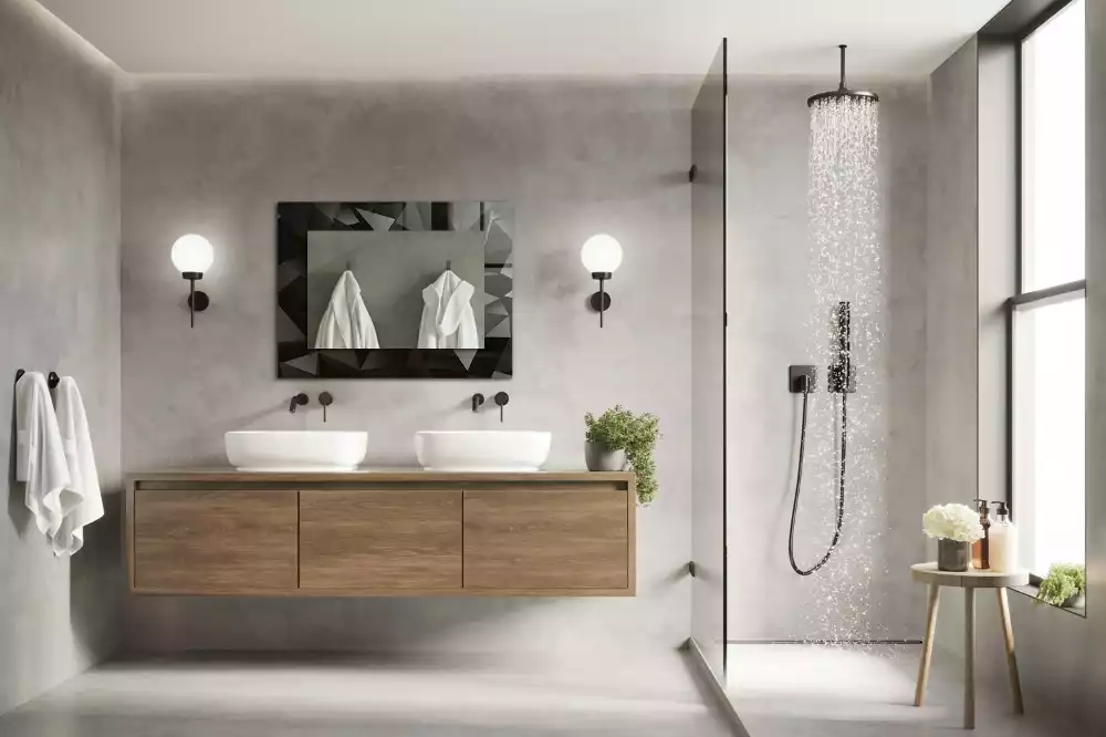 Oglindă dreptunghiulară cu ramă și imprimeu cu forme geometrice negre