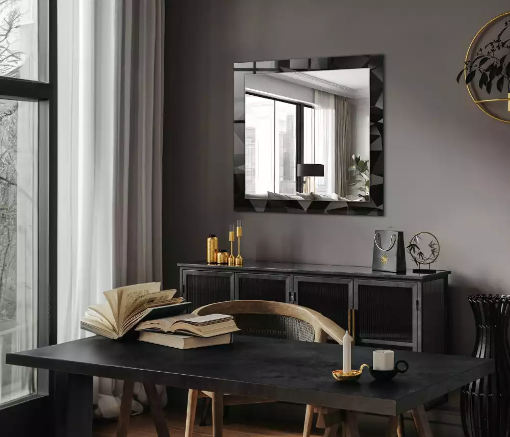 Oglindă dreptunghiulară cu ramă și imprimeu cu forme geometrice negre