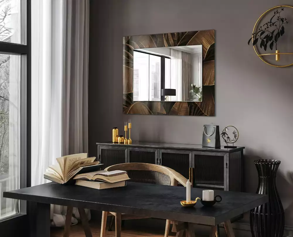 Oglindă decorativă de perete dreptunghiulară cu model de frunze tropicale