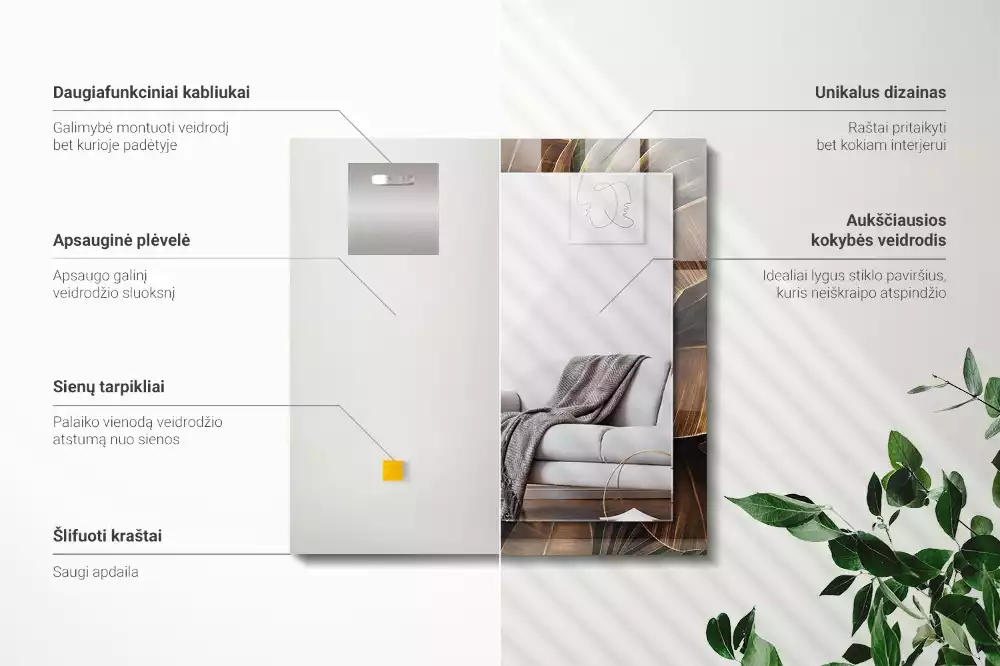 Oglindă decorativă de perete dreptunghiulară cu model de frunze tropicale