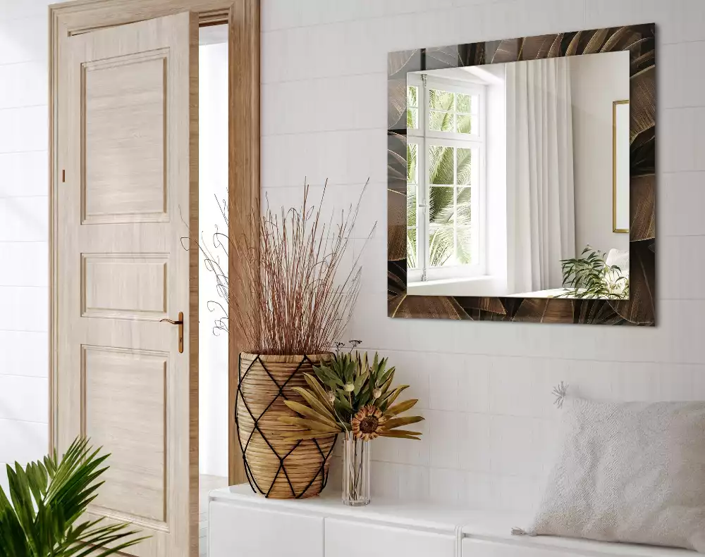 Oglindă decorativă de perete dreptunghiulară cu model de frunze tropicale