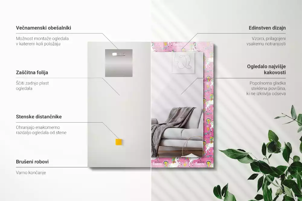 Oglindă dreptunghiulară cu imprimeu unicorni, curcubee și inimioare