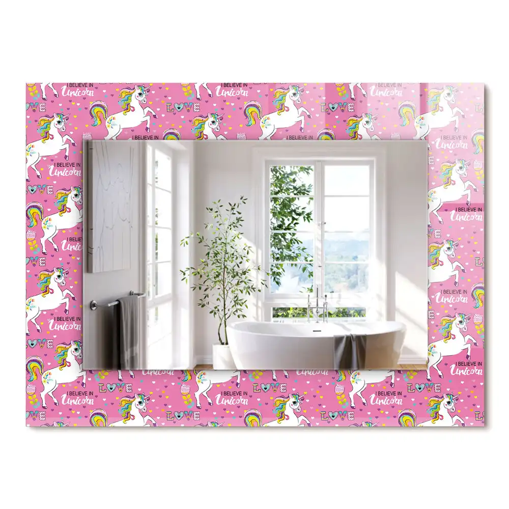 Oglindă dreptunghiulară cu imprimeu unicorni, curcubee și inimioare
