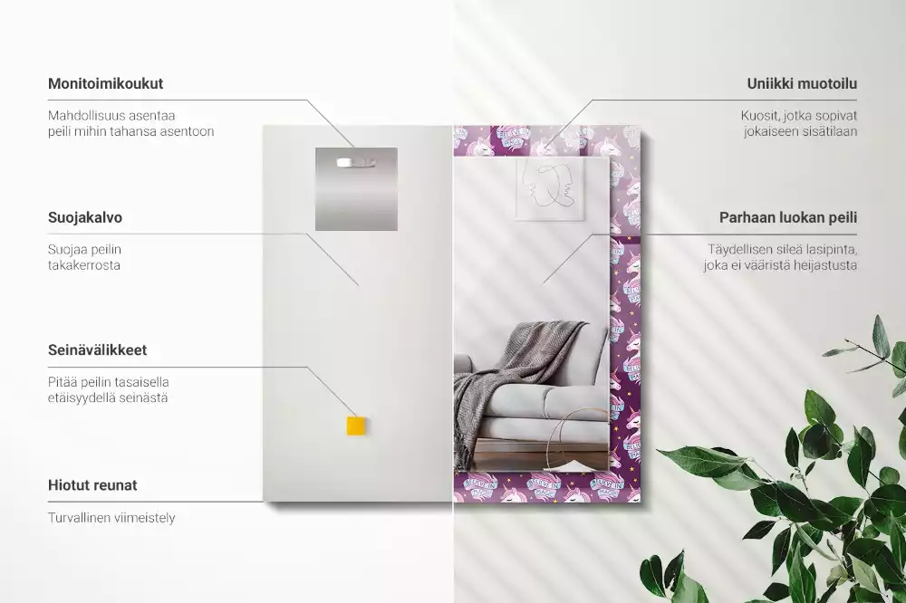 Oglindă dreptunghiulară cu ramă imprimată cu inscripție și model cu stele și unicorni