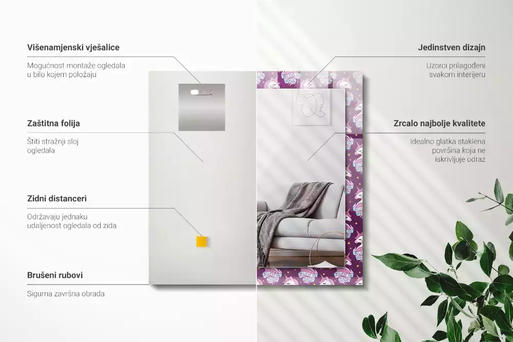 Oglindă dreptunghiulară cu ramă imprimată cu inscripție și model cu stele și unicorni