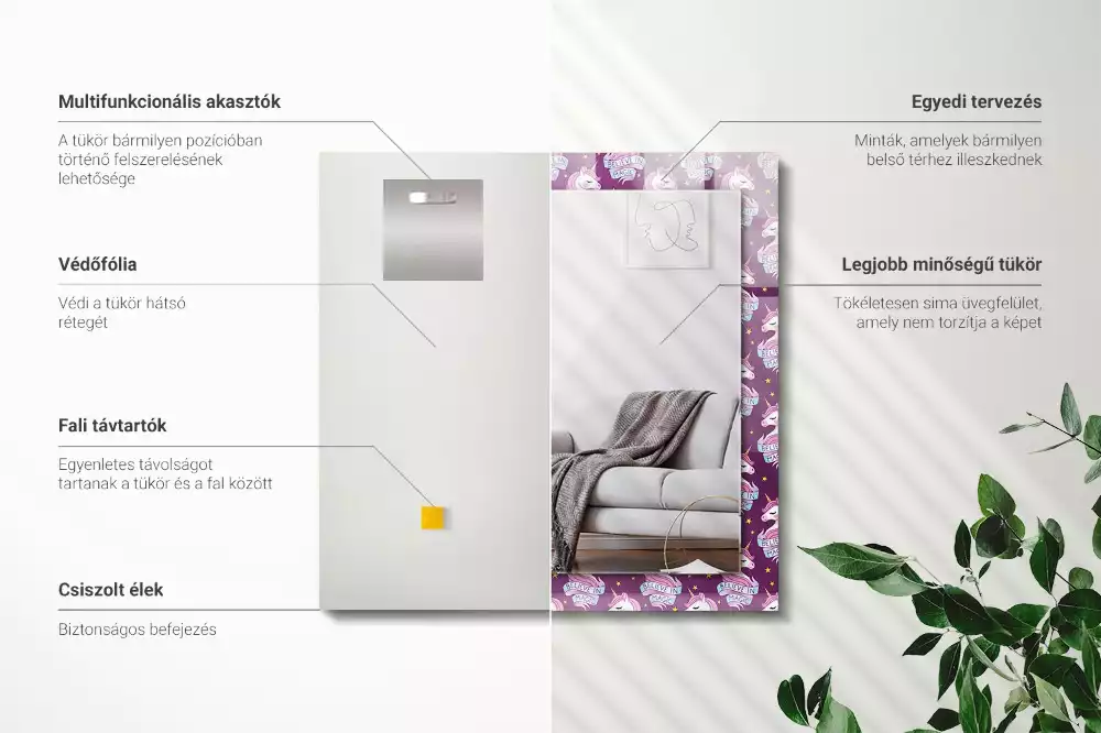Oglindă dreptunghiulară cu ramă imprimată cu inscripție și model cu stele și unicorni