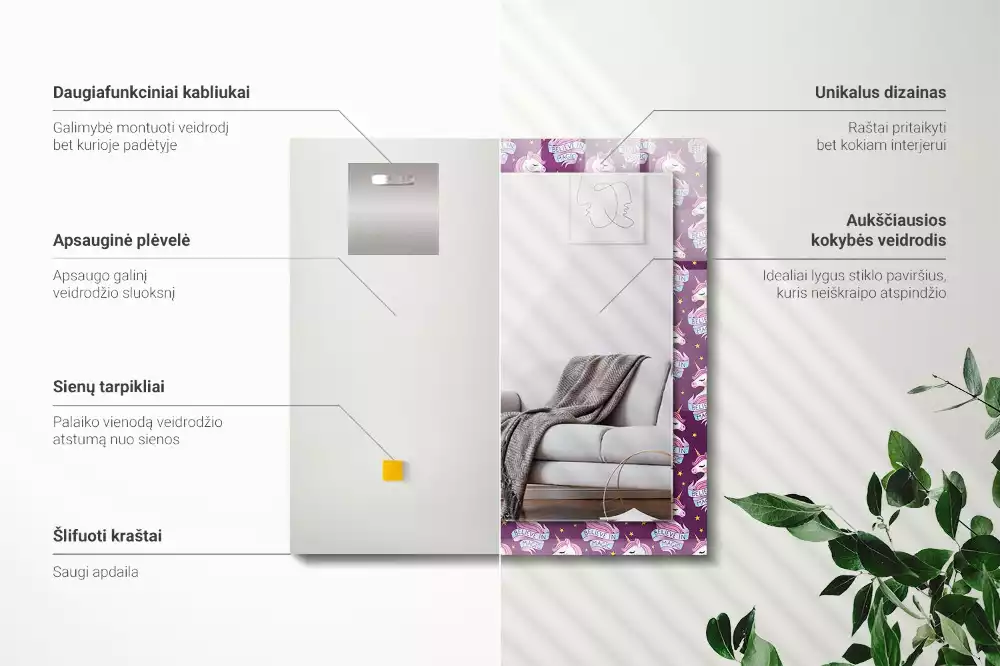 Oglindă dreptunghiulară cu ramă imprimată cu inscripție și model cu stele și unicorni