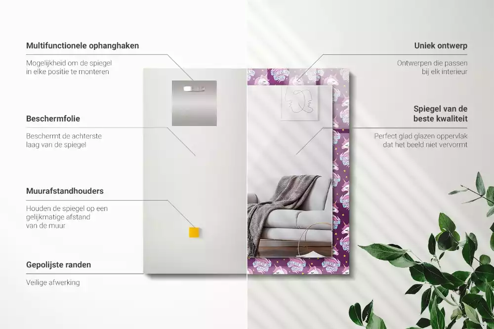 Oglindă dreptunghiulară cu ramă imprimată cu inscripție și model cu stele și unicorni
