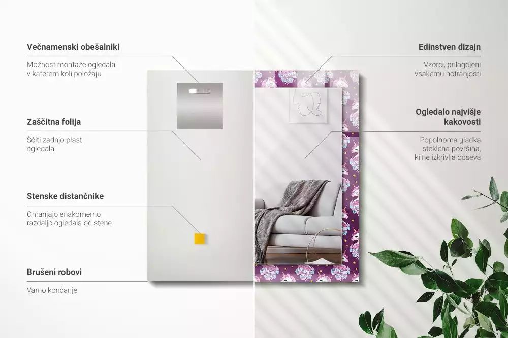 Oglindă dreptunghiulară cu ramă imprimată cu inscripție și model cu stele și unicorni